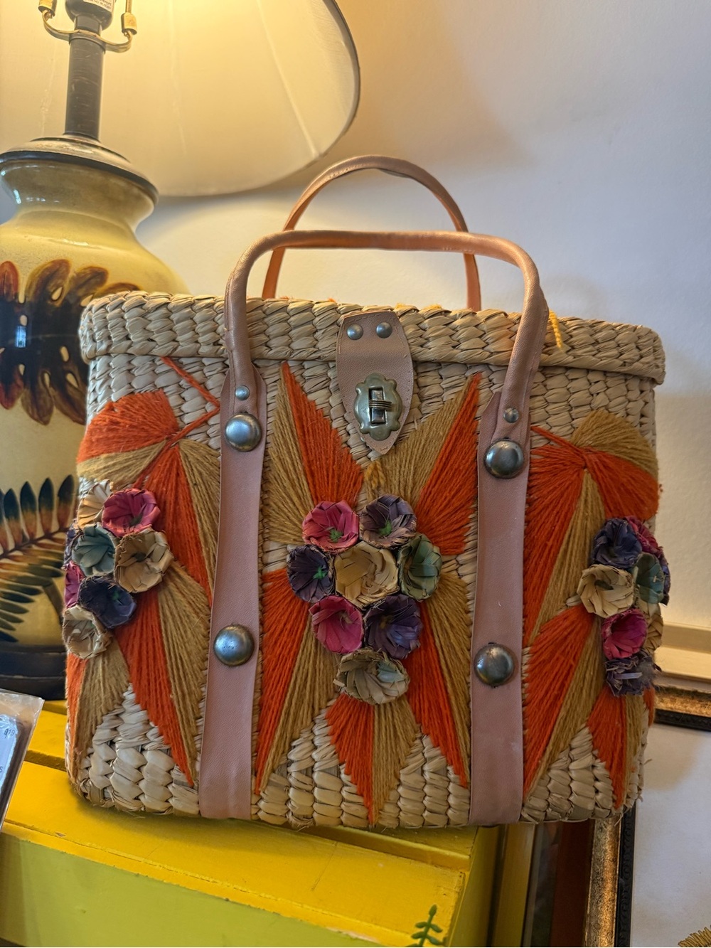 VTG Large Basket Purse Woven Straw Tote with Orange Floral Embroidery - Picture 3 of 6